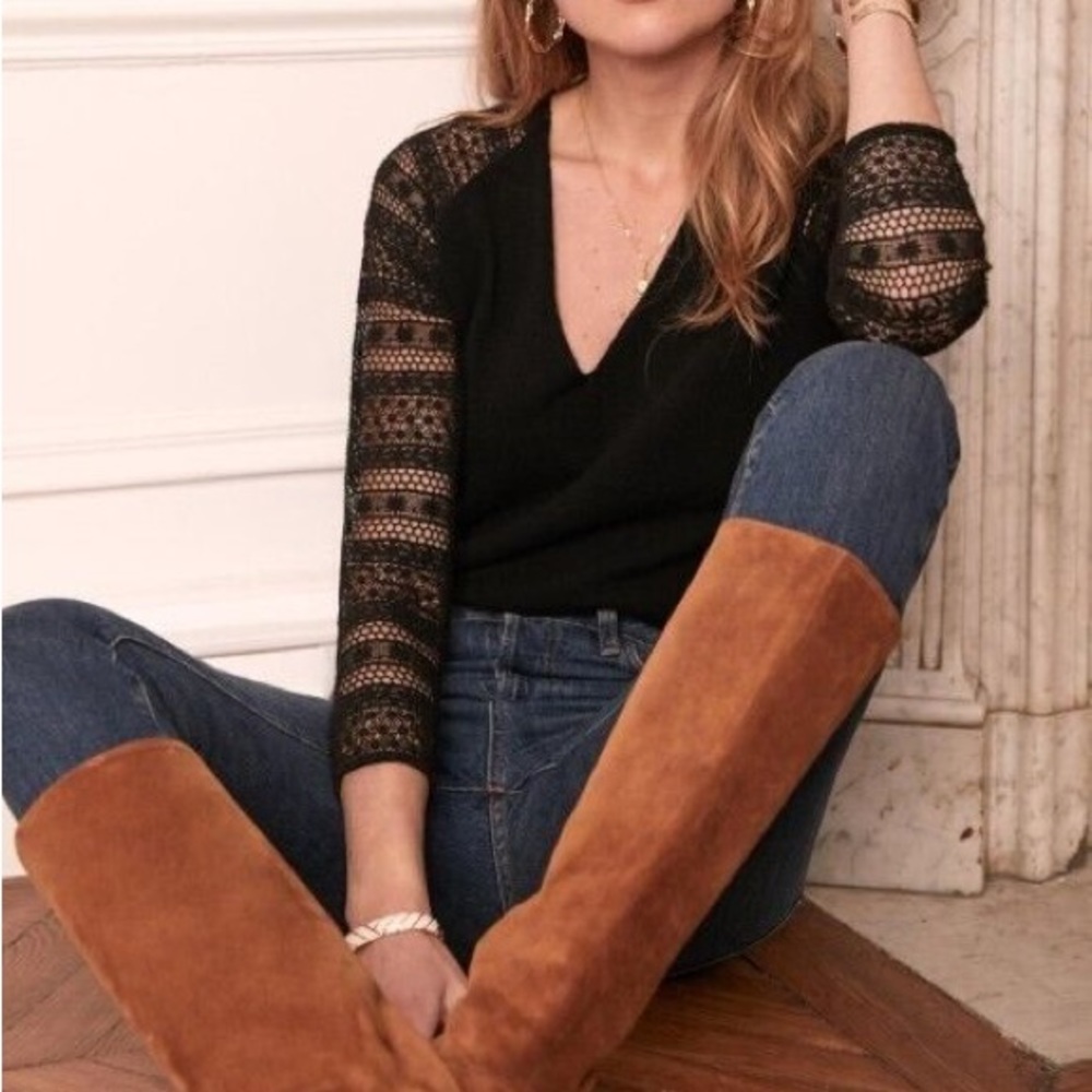 Sezane valentin v neck wool cashmere blend black sweater with knit lace arms